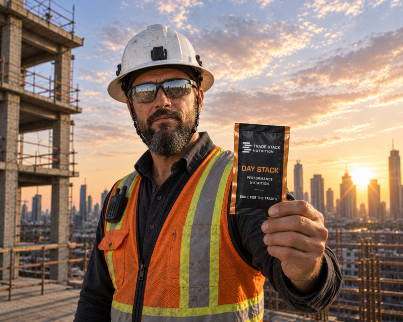 A bearded man in a white hard hat and orange safety vest stands on a construction site at sunset, holding up a small black and orange packet of Tine Stack Nutrition Day Stack performance nutrition.