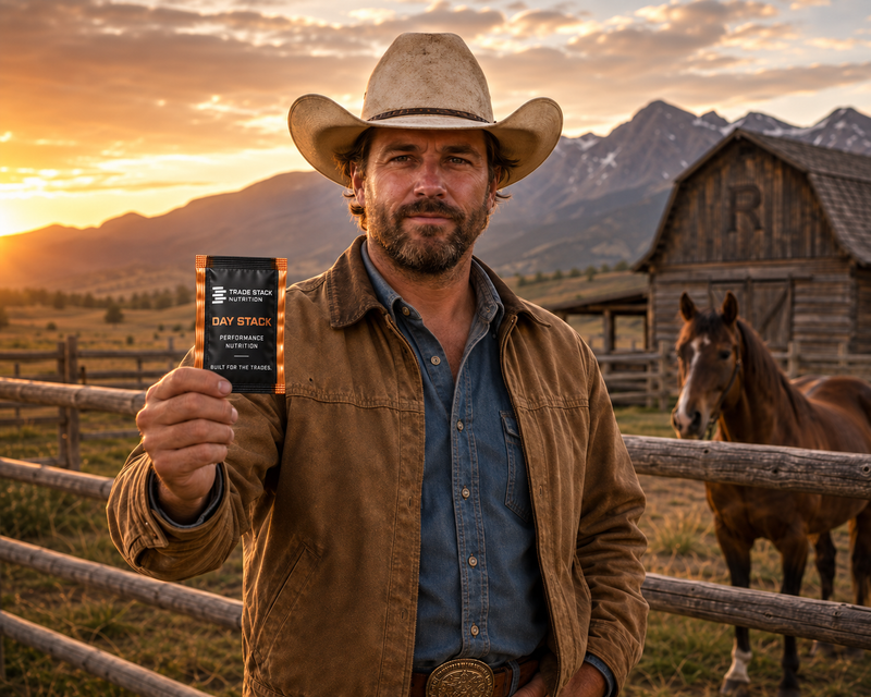 A man in a cowboy hat and brown jacket stands in a rustic outdoor setting with mountains, a barn, and a horse in the background, holding up a small black product package labeled 'DAY STACK'.