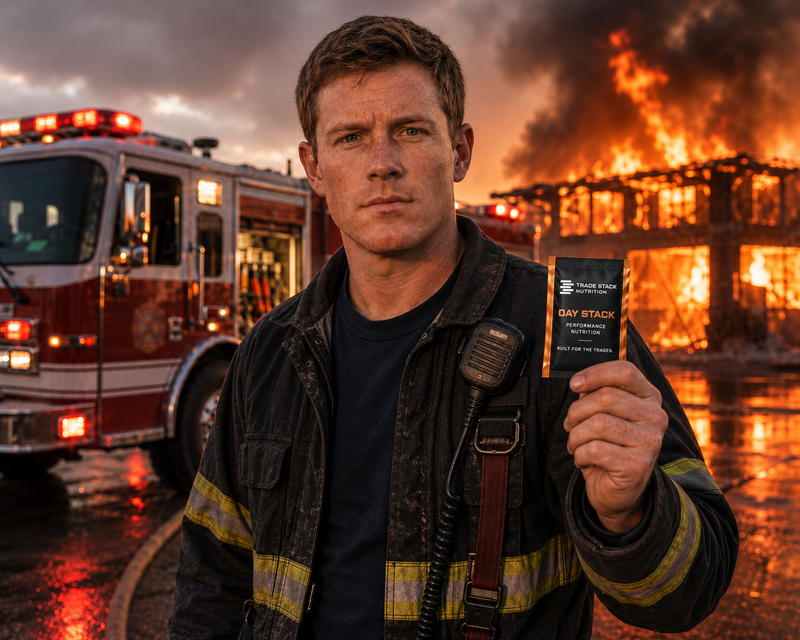 A firefighter in a dark uniform stands in front of a burning building and a fire truck, holding up a small black card that reads 'DAY STACK'. The scene is dramatic and cinematic with orange flames, dark smoke, wet reflections, and a cloudy sky.