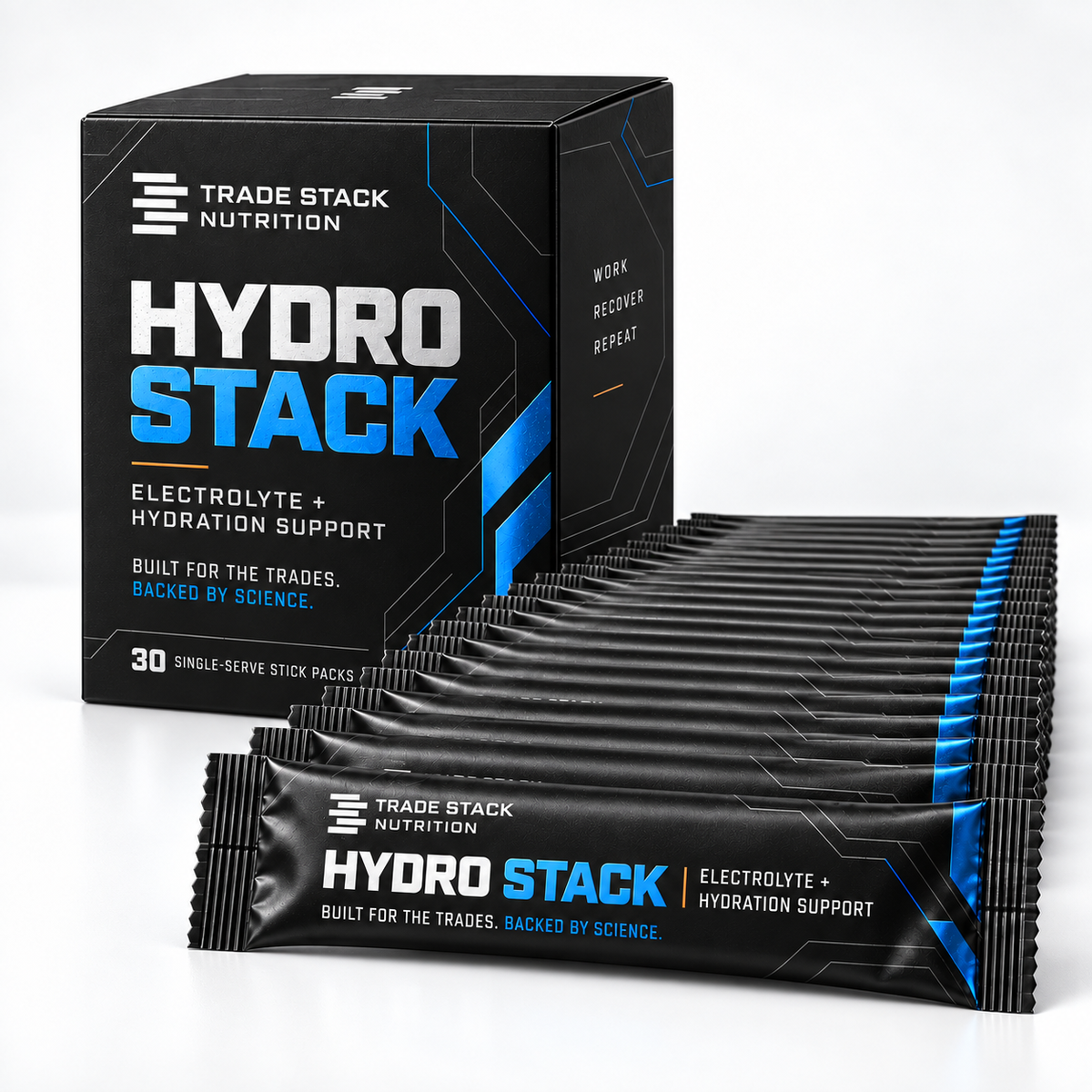 Hydro Stack box with single-serve electrolyte stick packs