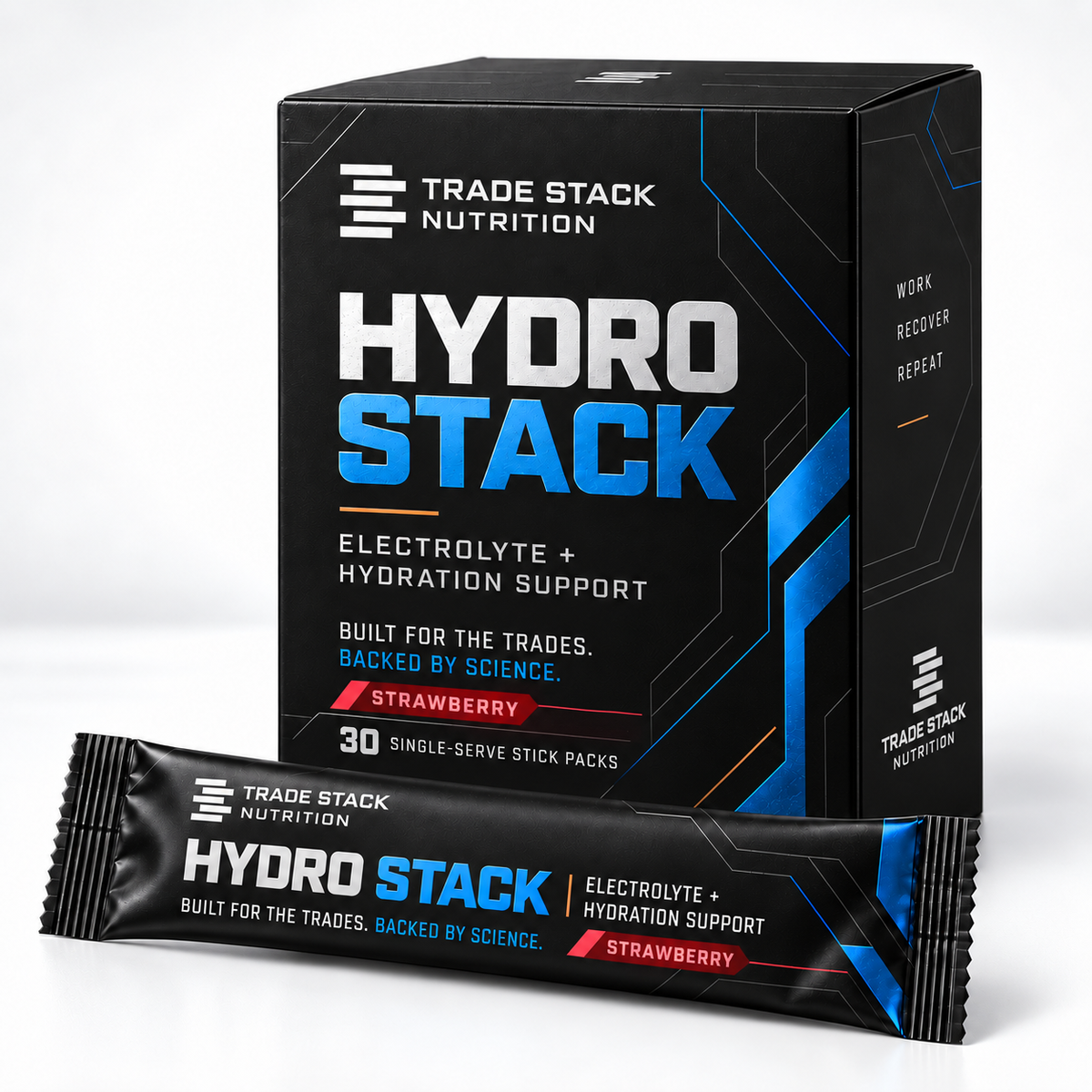 Hydro Stack Strawberry electrolyte powder carton with 30 single-serve stick packs