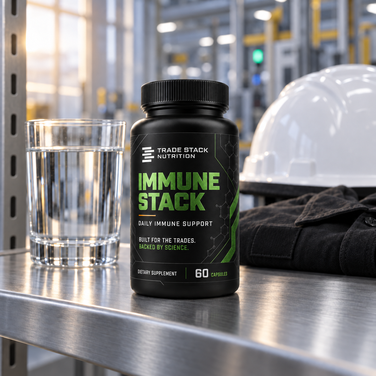 Immune Stack bottle beside water and construction safety gearsetting.