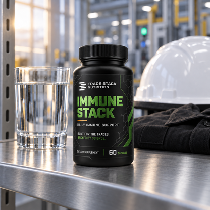 Immune Stack bottle beside water and construction safety gearsetting.