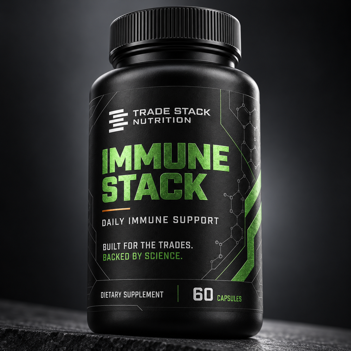 Immune Stack bottle on a dark industrial background