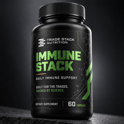 Immune Stack bottle on a dark industrial background