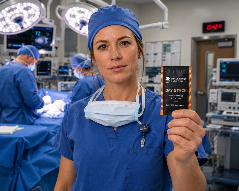 A woman in blue surgical scrubs stands in an operating room holding up a small black and orange packet labeled 'DAY STACK PERFORMANCE NUTRITION'.