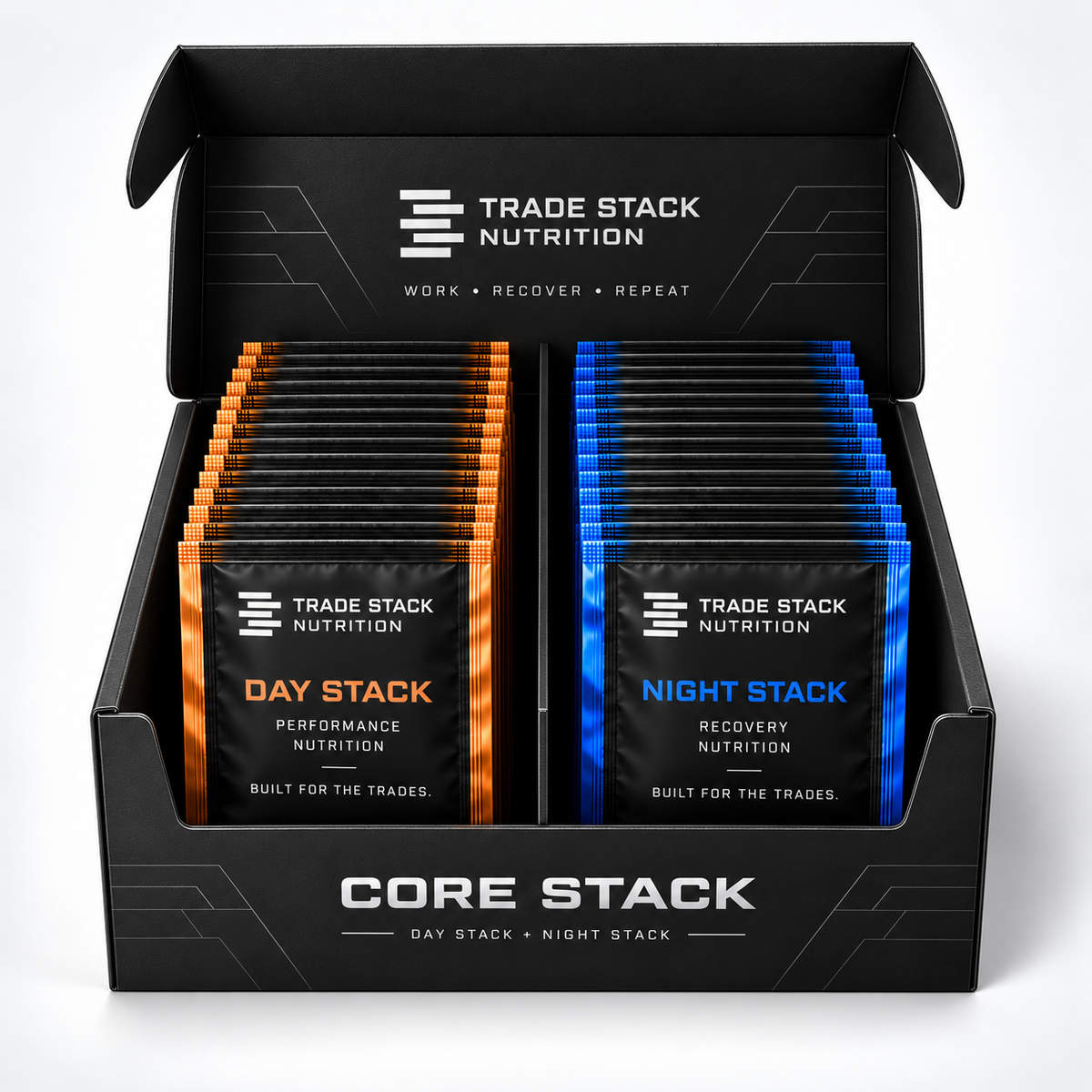 Open Core Stack display box with organized Day and Night packets