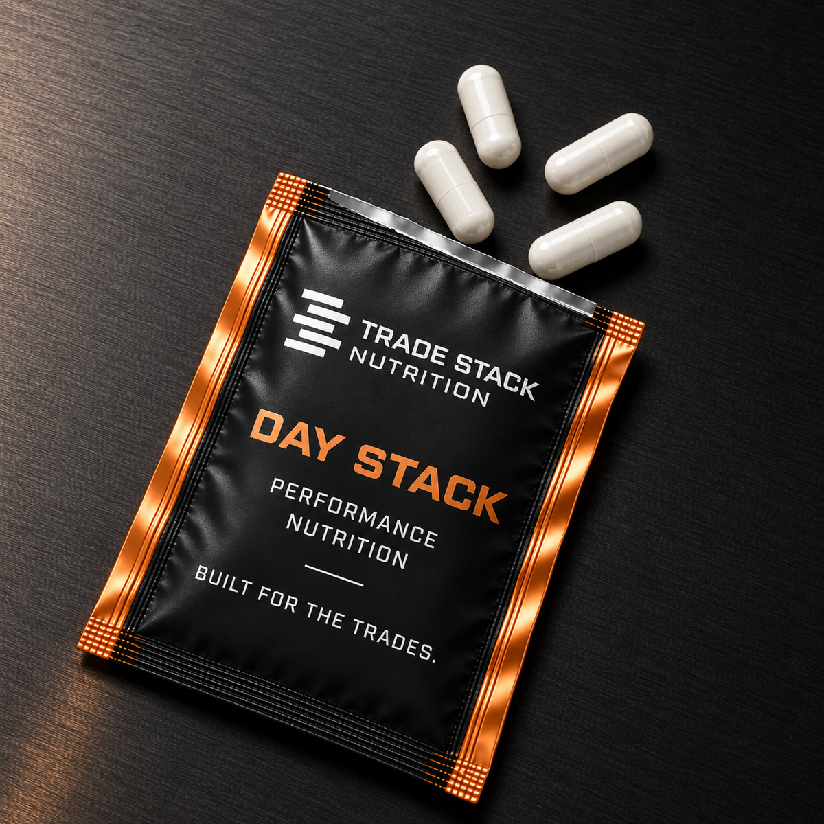 Opened Day Stack packet with four capsules