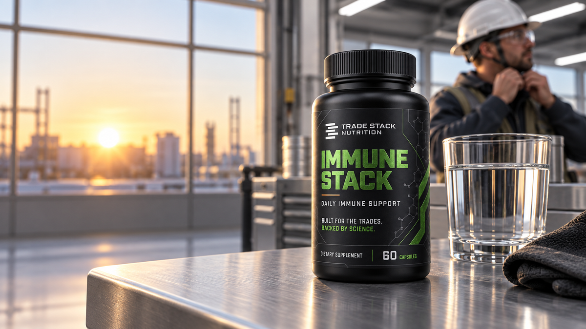 Immune Stack bottle with a construction worker in the background