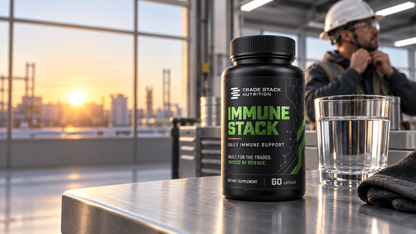 Immune Stack bottle with a construction worker in the background