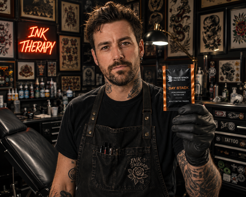 A tattoo artist in a black apron and gloves holds up a packet of 'Snake Ink Studios Day Stack' temporary tattoos in a tattoo shop with 'Ink Therapy' neon lighting in the background.