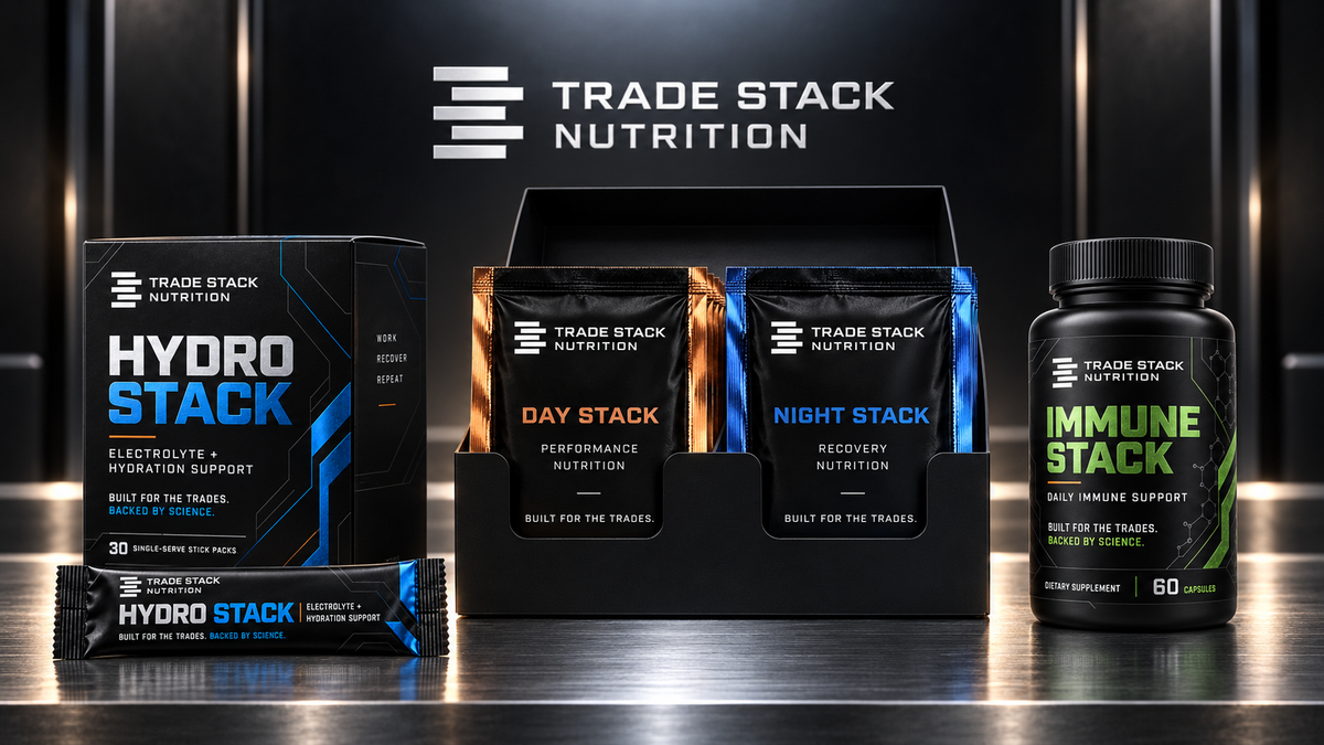 Trade Stack Nutrition supplement products displayed on a dark studio background, including a Hydro Stack electrolyte pack, a Day Stack and Night Stack combo box, and an Immune Stack bottle.